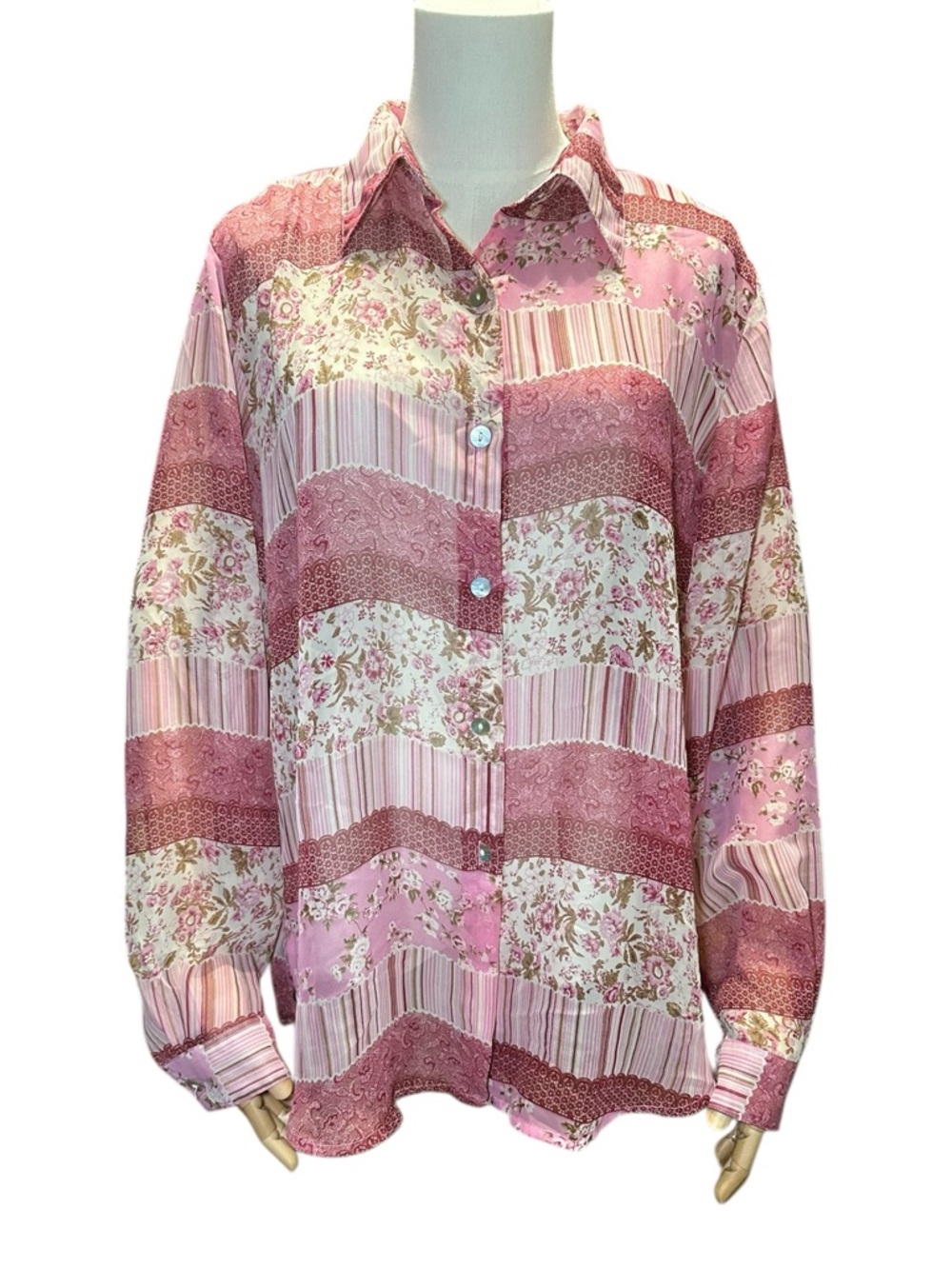 Impressions Pink Sheer Patchwork-Style Button Down Shirt - Picture 2 of 7